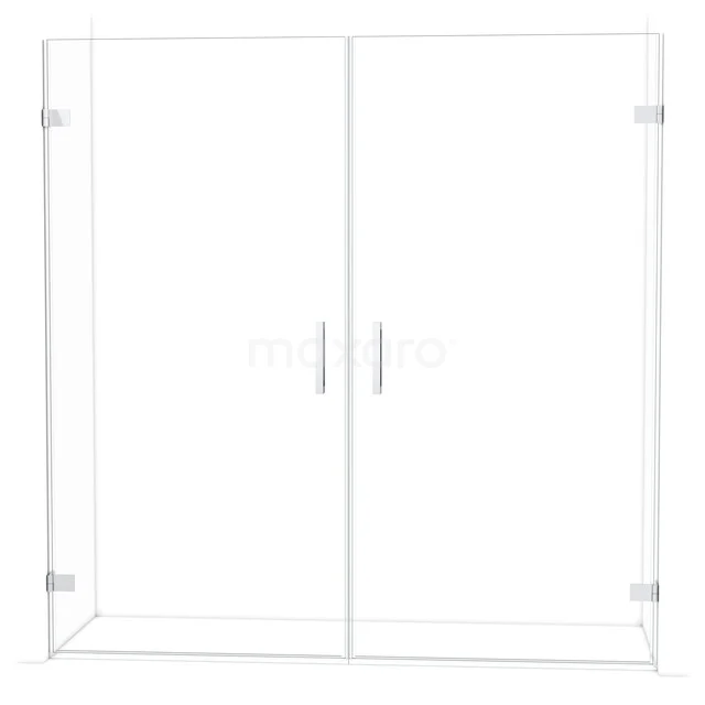 Glasene Duschtür mit doppelten Scharnieren, transparentes Design, Chromakzente, ideal für ein modernes Badezimmer.