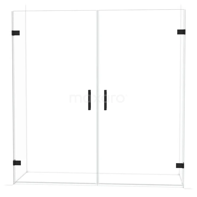 Duschtür aus Klarglas, schwarze Metallhaltegriffe, matt schwarze Scharniere, modernes Design, perfekt für jedes Badezimmer.