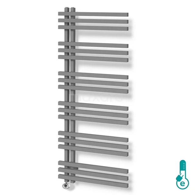 Grauer Design-Handtuchheizkörper mit horizontalen Rohren, ideal für moderne Badezimmer. Hergestellt aus rostfreiem Stahl.