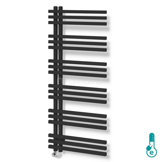 Kepler Radiator Electric | 55x130 cm Matte black 1001 W att Aluminium DR63_0513SBN-E Black designer towel radiator, asymmetrical with horizontal tubes, ideal for modern bathrooms.