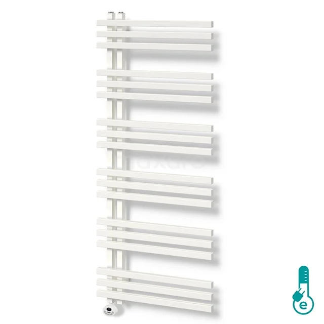 White towel radiator with horizontal tubes in a modern style, perfect for efficient heating in the bathroom.