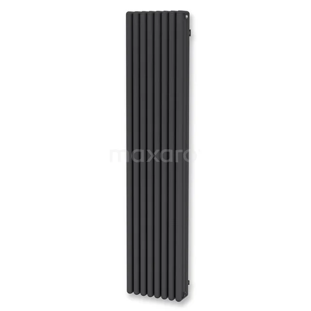Vertikale schwarze Design-Heizkörper mit schmalen Lamellen, geeignet für moderne Bäder, hergestellt aus hochwertigem Stahl.