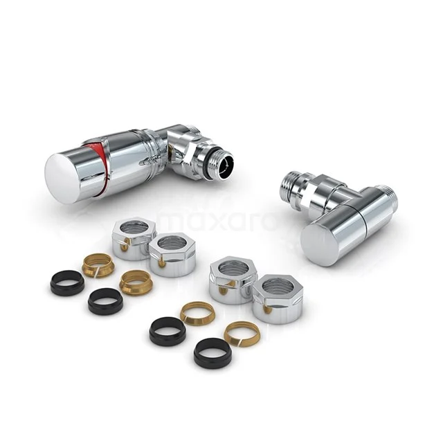 Chrome radiator connection set with straight and angle thermostat knobs, perfect for stylish bathroom heating.