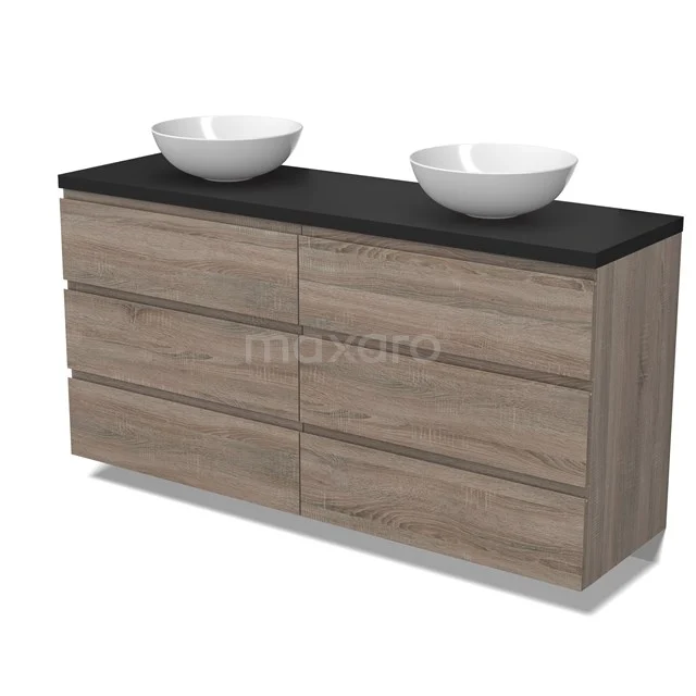 Modulo Plato Badmöbel mit Aufsatzwaschbecken | 160 cm Eiche Grifflos front Matt Schwarz blatt 6 Schubladen BMK20-00246