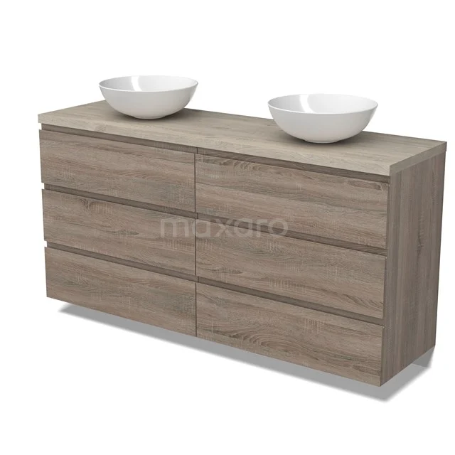 Modulo Plato Badmöbel mit Aufsatzwaschbecken | 160 cm Eiche Grifflos front Hellgraue Eiche blatt 6 Schubladen BMK20-00256