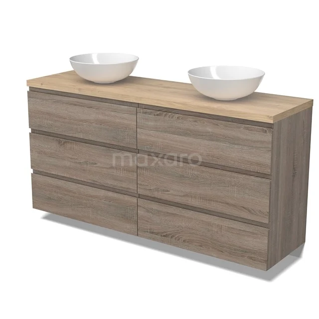 Modulo Plato Badmöbel mit Aufsatzwaschbecken | 160 cm Eiche Grifflos front Hellbraune Eiche blatt 6 Schubladen BMK20-00257