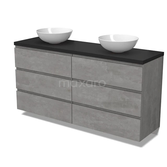 Modulo Plato Badmöbel mit Aufsatzwaschbecken | 160 cm Hellgrauer Beton Grifflos front Matt Schwarz blatt 6 Schubladen BMK20-00263