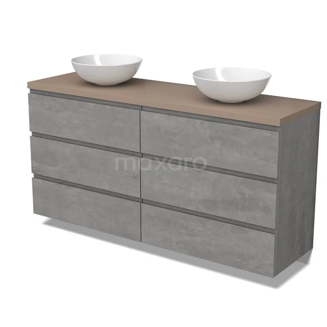 Modulo Plato Badmöbel mit Aufsatzwaschbecken | 160 cm Hellgrauer Beton Grifflos front Taupe blatt 6 Schubladen BMK20-00264