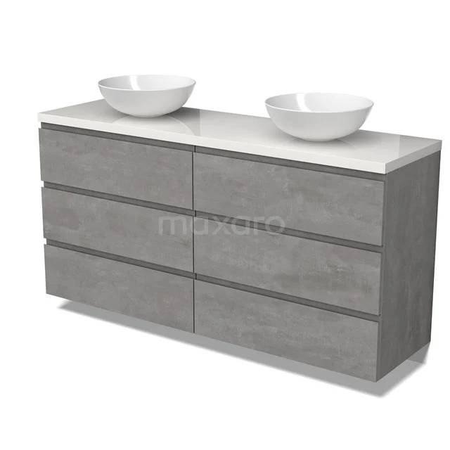 Modulo Plato Badmöbel mit Aufsatzwaschbecken | 160 cm Hellgrauer Beton Grifflos front Hochglanz Weiß blatt 6 Schubladen BMK20-00266