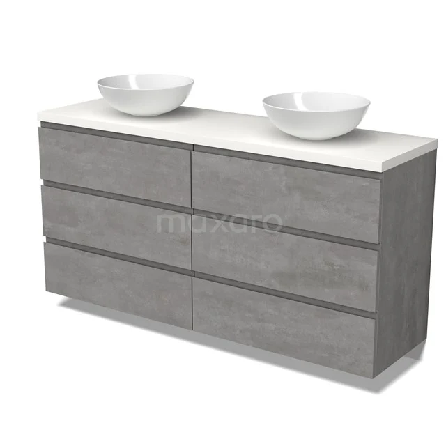 Modulo Plato Badmöbel mit Aufsatzwaschbecken | 160 cm Hellgrauer Beton Grifflos front Matt Weiß blatt 6 Schubladen BMK20-00267