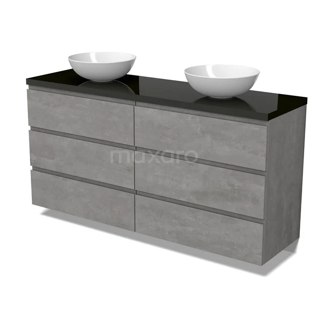 Modulo Plato Vanity units for countertop basin | 160 cm Light grey concrete Handle-less front High-gloss black worktop 6 drawers BMK20-00269