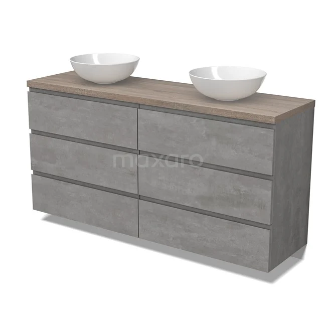 Modulo Plato Vanity units for countertop basin | 160 cm Light grey concrete Handle-less front Oak worktop 6 drawers BMK20-00272