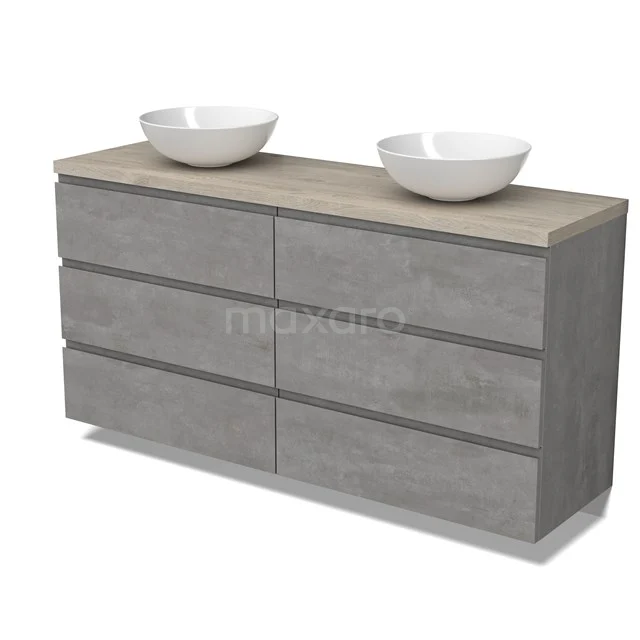 Modulo Plato Vanity units for countertop basin | 160 cm Light grey concrete Handle-less front Light grey oak worktop 6 drawers BMK20-00273