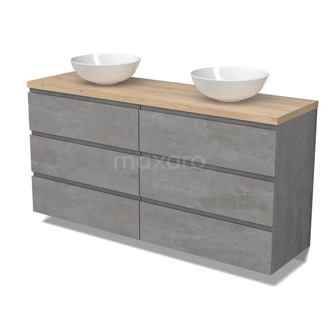 Modulo Plato Badmöbel mit Aufsatzwaschbecken | 160 cm Hellgrauer Beton Grifflos front Hellbraune Eiche blatt 6 Schubladen BMK20-00274