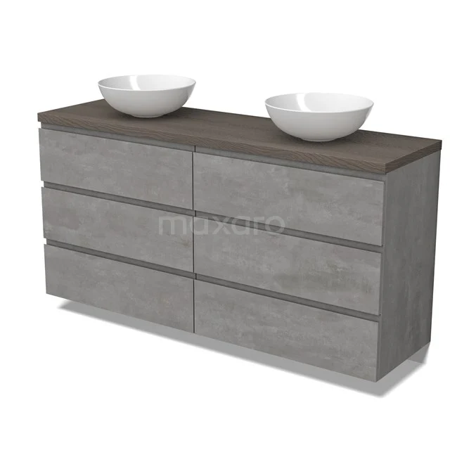 Modulo Plato Vanity units for countertop basin | 160 cm Light grey concrete Handle-less front Dark brown oak worktop 6 drawers BMK20-00276