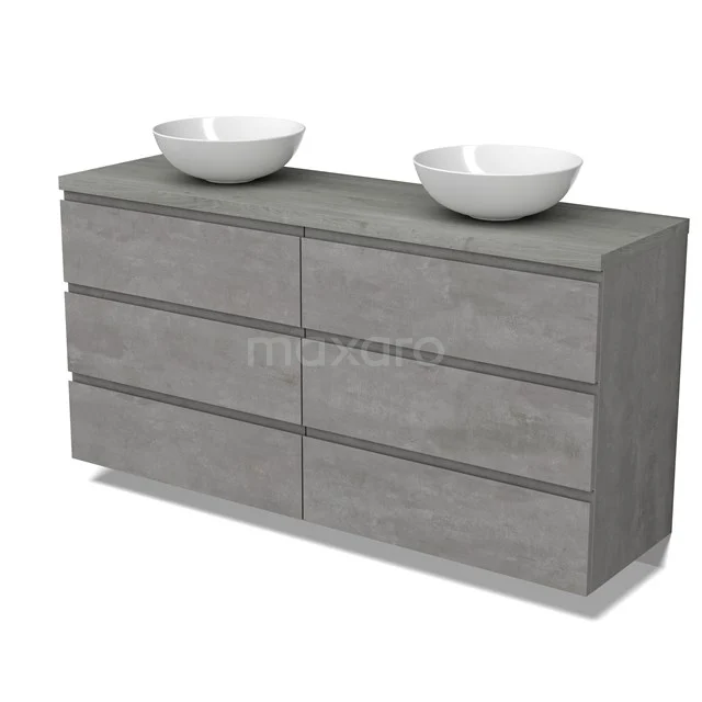 Modulo Plato Vanity units for countertop basin | 160 cm Light grey concrete Handle-less front Grey oak worktop 6 drawers BMK20-00277