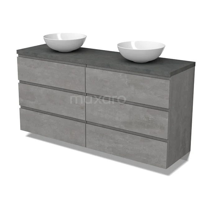 Modulo Plato Badmöbel mit Aufsatzwaschbecken | 160 cm Hellgrauer Beton Grifflos front Dunkelgrauer Beton blatt 6 Schubladen BMK20-00279