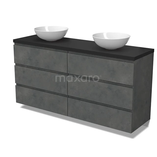Modulo Plato Vanity units for countertop basin | 160 cm Dark grey concrete Handle-less front Matte black worktop 6 drawers BMK20-00280