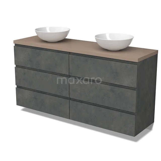 Modulo Plato Badmöbel mit Aufsatzwaschbecken | 160 cm Dunkelgrauer Beton Grifflos front Taupe blatt 6 Schubladen BMK20-00281