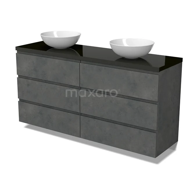 Modulo Plato Vanity units for countertop basin | 160 cm Dark grey concrete Handle-less front High-gloss black worktop 6 drawers BMK20-00286