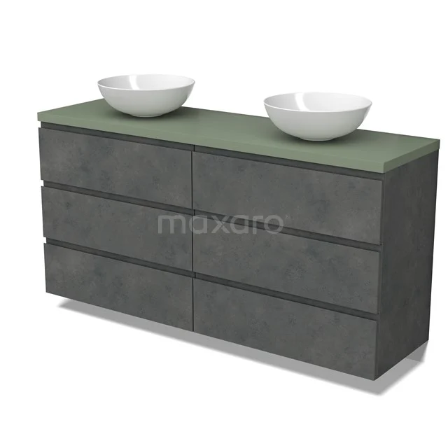 Modulo Plato Badmöbel mit Aufsatzwaschbecken | 160 cm Dunkelgrauer Beton Grifflos front Salbeigrün blatt 6 Schubladen BMK20-00287