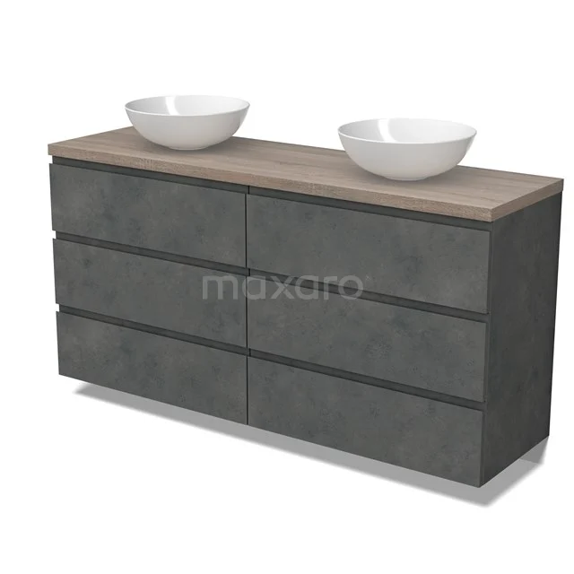 Modulo Plato Vanity units for countertop basin | 160 cm Dark grey concrete Handle-less front Oak worktop 6 drawers BMK20-00289