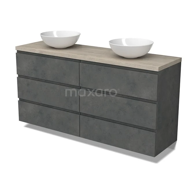 Modulo Plato Vanity units for countertop basin | 160 cm Dark grey concrete Handle-less front Light grey oak worktop 6 drawers BMK20-00290