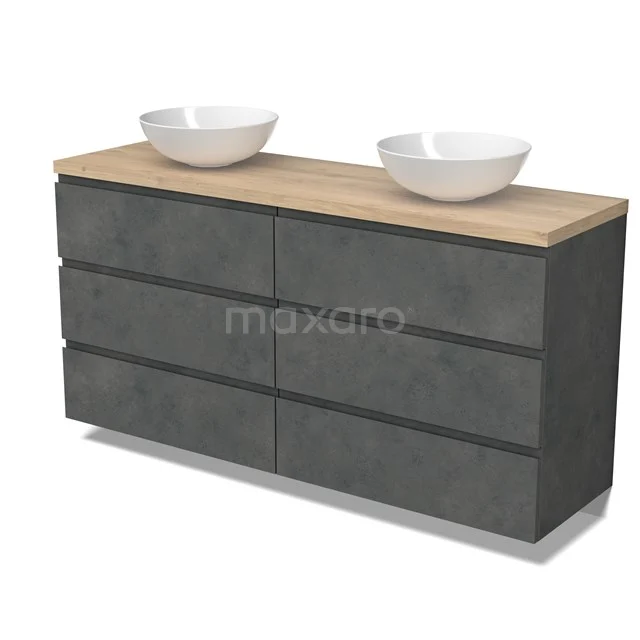 Modulo Plato Badmöbel mit Aufsatzwaschbecken | 160 cm Dunkelgrauer Beton Grifflos front Hellbraune Eiche blatt 6 Schubladen BMK20-00291