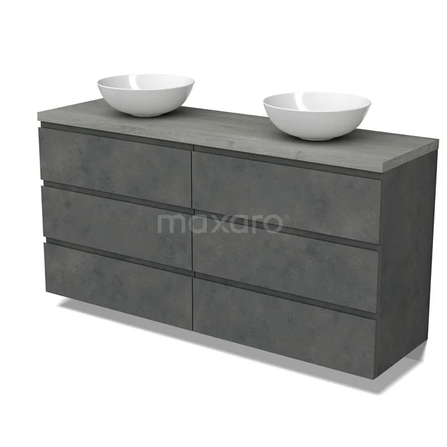 Modulo Plato Vanity units for countertop basin | 160 cm Dark grey concrete Handle-less front Grey oak worktop 6 drawers BMK20-00294