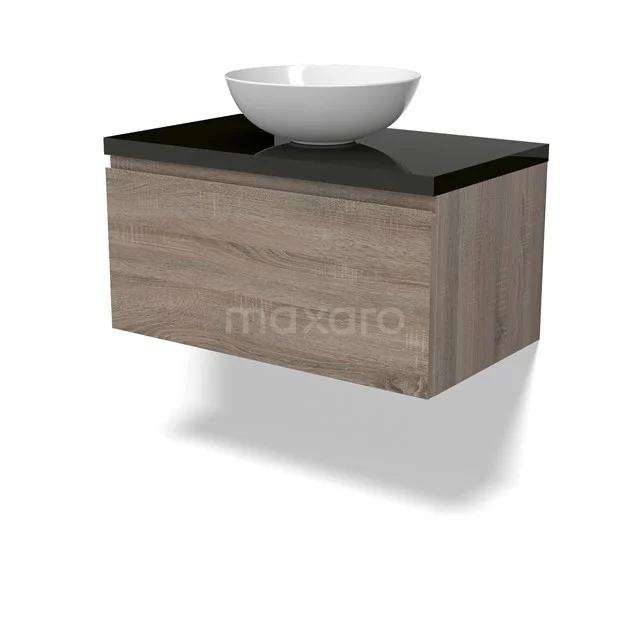 Modulo Plato Vanity units for countertop basin | 80 cm Oak Handle-less front High-gloss black worktop 1 drawer BMK11-02777
