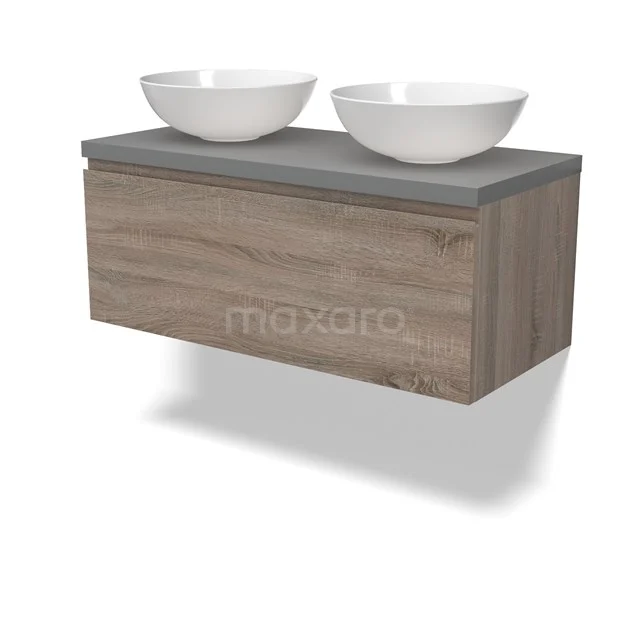 Modulo Plato Badmöbel mit Aufsatzwaschbecken | 100 cm Eiche Grifflos front Mittelgrau blatt 1 Schublade BMK11-02790