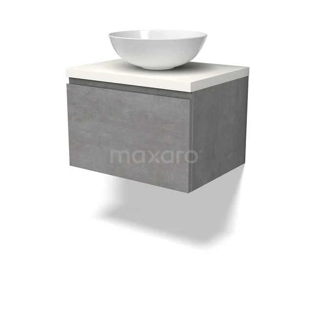 Modulo Plato Badmöbel mit Aufsatzwaschbecken | 60 cm Hellgrauer Beton Grifflos front Matt Weiß blatt 1 Schublade BMK11-02826