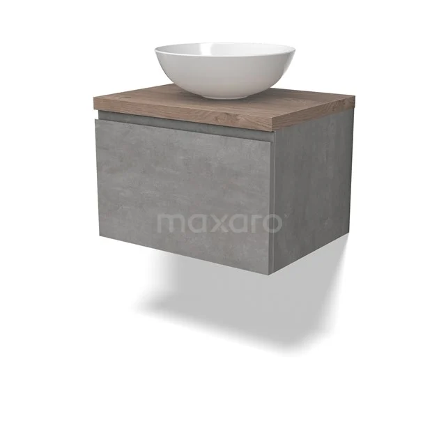 Modulo Plato Vanity units for countertop basin | 60 cm Light grey concrete Handle-less front Mid brown oak worktop 1 drawer BMK11-02834