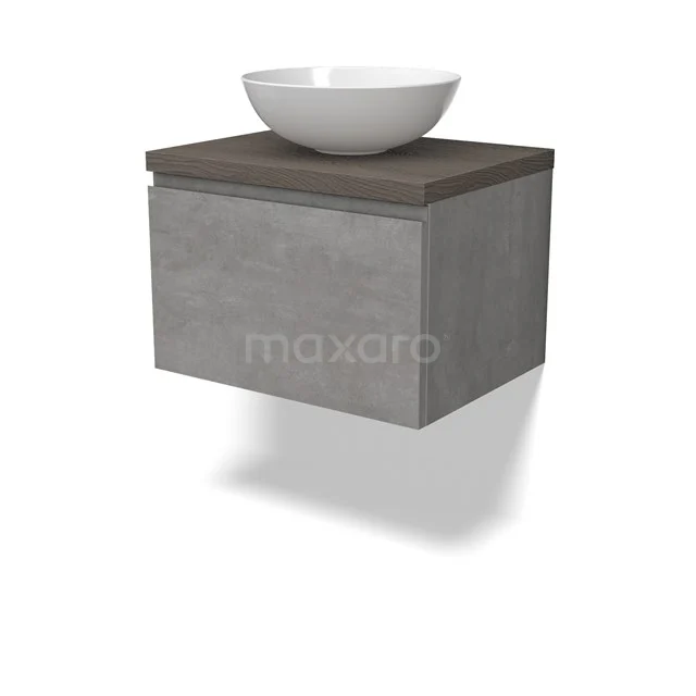 Modulo Plato Badmöbel mit Aufsatzwaschbecken | 60 cm Hellgrauer Beton Grifflos front Dunkelbraune Eiche blatt 1 Schublade BMK11-02835