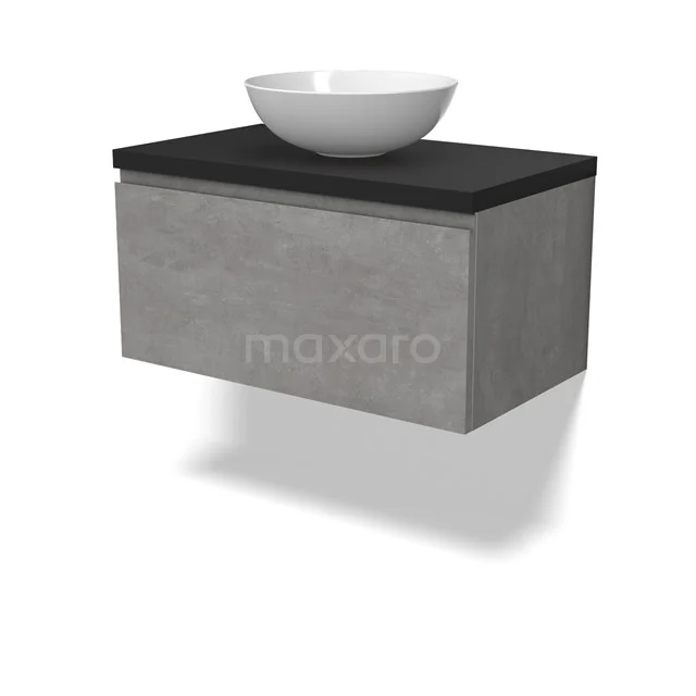 Modulo Plato Badmöbel mit Aufsatzwaschbecken | 80 cm Hellgrauer Beton Grifflos front Matt Schwarz blatt 1 Schublade BMK11-02839