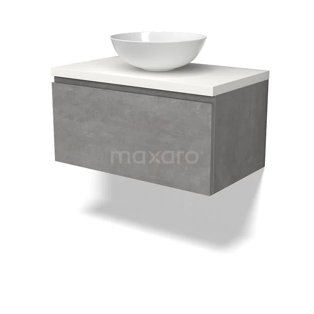 Modulo Plato Badmöbel mit Aufsatzwaschbecken | 80 cm Hellgrauer Beton Grifflos front Matt Weiß blatt 1 Schublade BMK11-02843