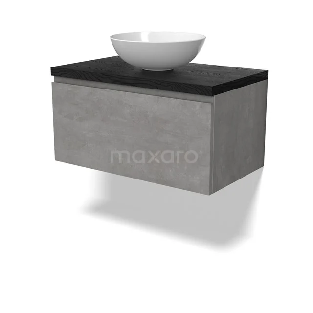 Modulo Plato Badmöbel mit Aufsatzwaschbecken | 80 cm Hellgrauer Beton Grifflos front Schwarze Eiche blatt 1 Schublade BMK11-02847