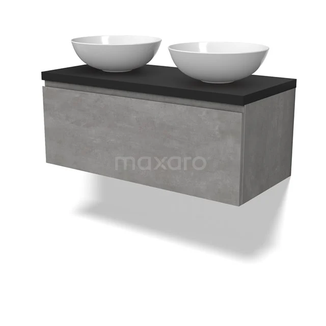 Modulo Plato Badmöbel mit Aufsatzwaschbecken | 100 cm Hellgrauer Beton Grifflos front Matt Schwarz blatt 1 Schublade BMK11-02856