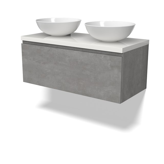 Modulo Plato Badkamermeubel voor waskom | 100 cm Lichtgrijs beton Greeploos front Hoogglans wit blad 1 lade BMK11-02859