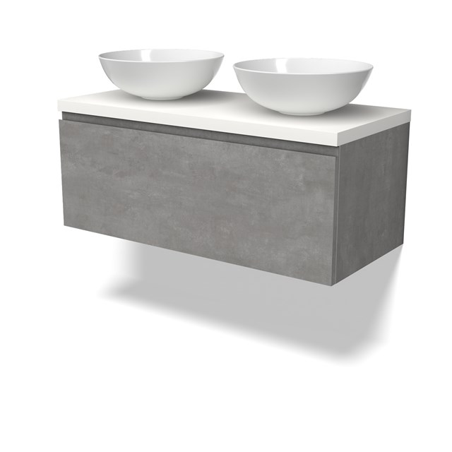 Modulo Plato Badkamermeubel voor waskom | 100 cm Lichtgrijs beton Greeploos front Mat wit blad 1 lade BMK11-02860