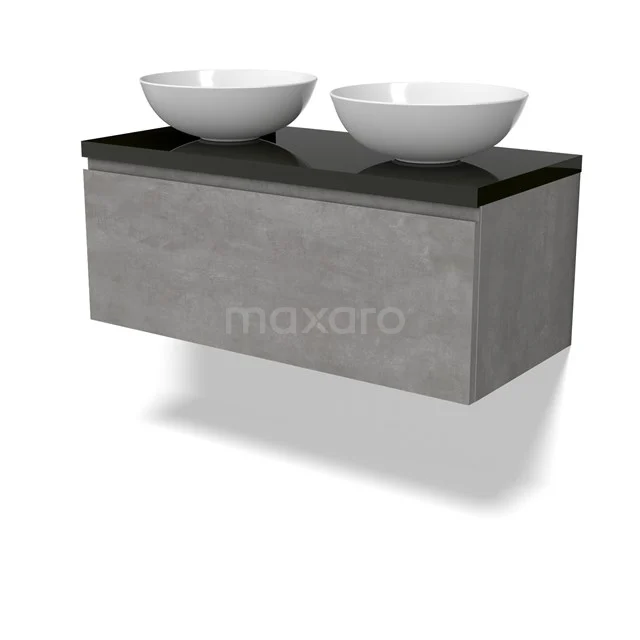 Modulo Plato Badmöbel mit Aufsatzwaschbecken | 100 cm Hellgrauer Beton Grifflos front Hochglanz Schwarz blatt 1 Schublade BMK11-02862