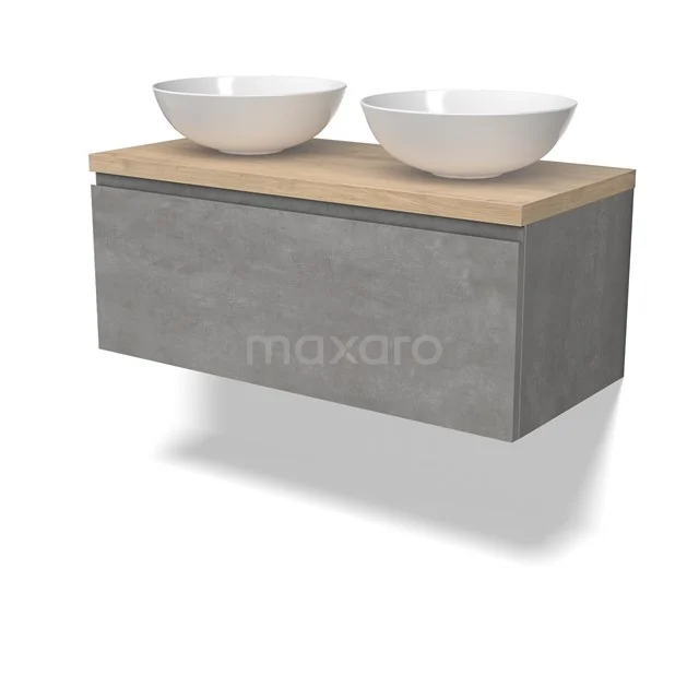 Modulo Plato Vanity units for countertop basin | 100 cm Light grey concrete Handle-less front Light brown oak worktop 1 drawer BMK11-02867