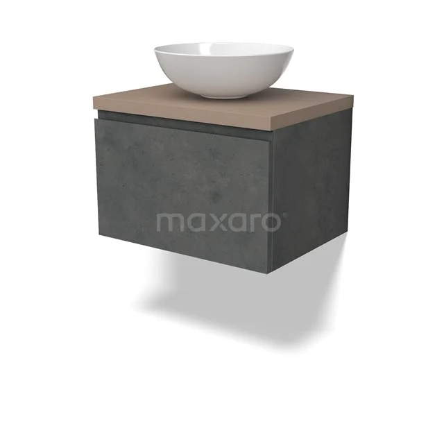 Modulo Plato Badmöbel mit Aufsatzwaschbecken | 60 cm Dunkelgrauer Beton Grifflos front Taupe blatt 1 Schublade BMK11-02891