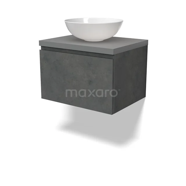 Modulo Plato Badmöbel mit Aufsatzwaschbecken | 60 cm Dunkelgrauer Beton Grifflos front Mittelgrau blatt 1 Schublade BMK11-02892