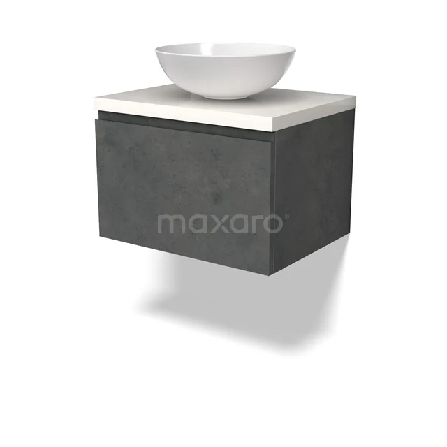 Modulo Plato Badmöbel mit Aufsatzwaschbecken | 60 cm Dunkelgrauer Beton Grifflos front Hochglanz Weiß blatt 1 Schublade BMK11-02893