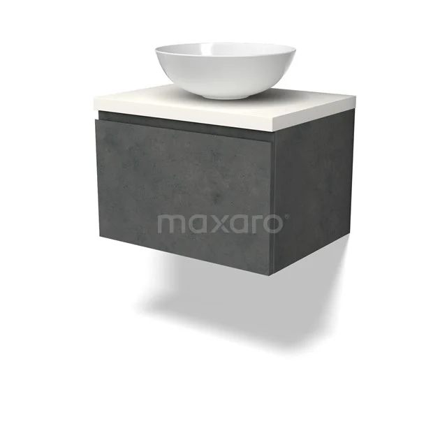 Modulo Plato Badmöbel mit Aufsatzwaschbecken | 60 cm Dunkelgrauer Beton Grifflos front Matt Weiß blatt 1 Schublade BMK11-02894