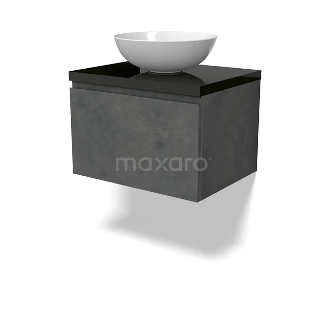 Modulo Plato Vanity units for countertop basin | 60 cm Dark grey concrete Handle-less front High-gloss black worktop 1 drawer BMK11-02896
