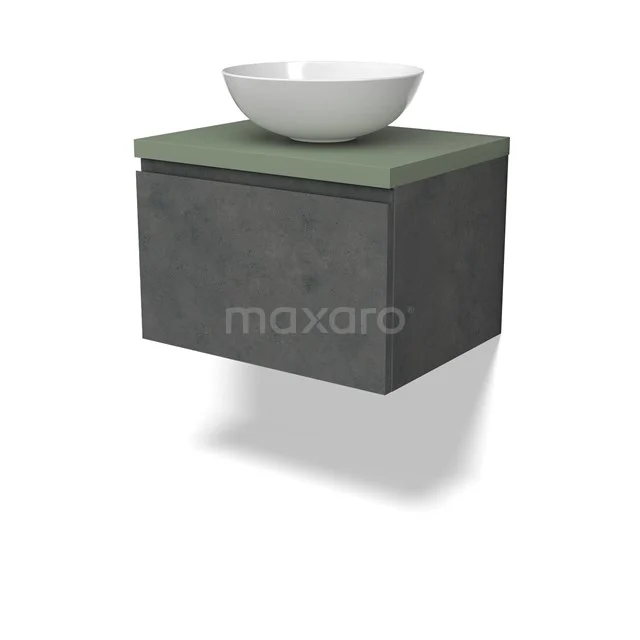 Modulo Plato Badmöbel mit Aufsatzwaschbecken | 60 cm Dunkelgrauer Beton Grifflos front Salbeigrün blatt 1 Schublade BMK11-02897