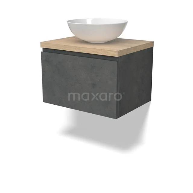Modulo Plato Vanity units for countertop basin | 60 cm Dark grey concrete Handle-less front Light brown oak worktop 1 drawer BMK11-02901