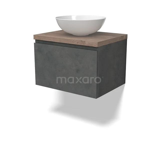 Modulo Plato Vanity units for countertop basin | 60 cm Dark grey concrete Handle-less front Mid brown oak worktop 1 drawer BMK11-02902